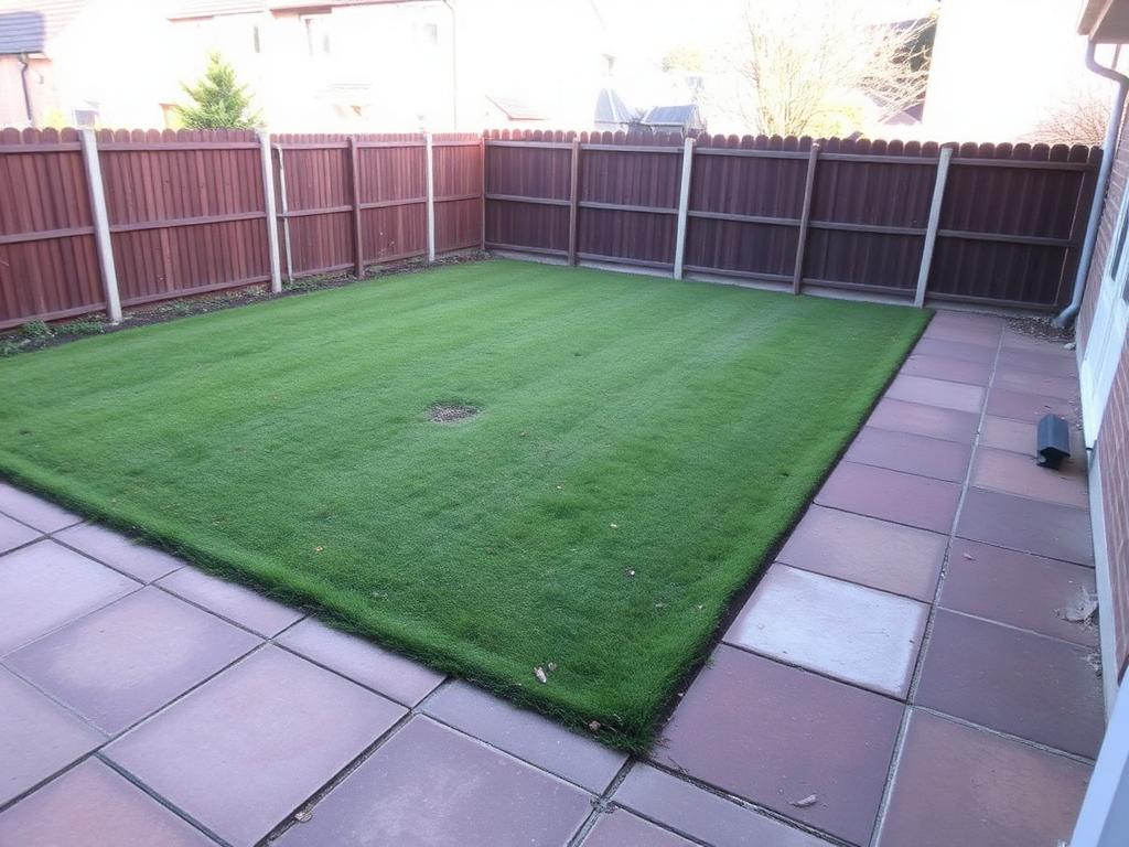 Same back garden cleared with tidy lawn and swept patio