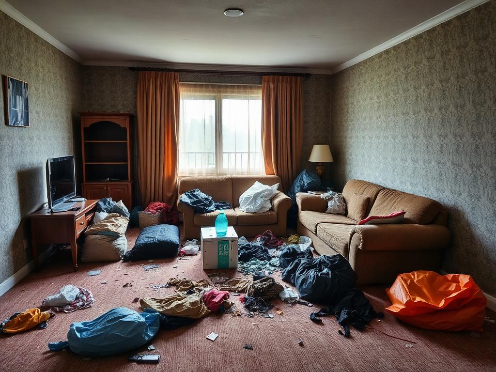Apartment living room full of rubbish bags and broken furniture before clearance