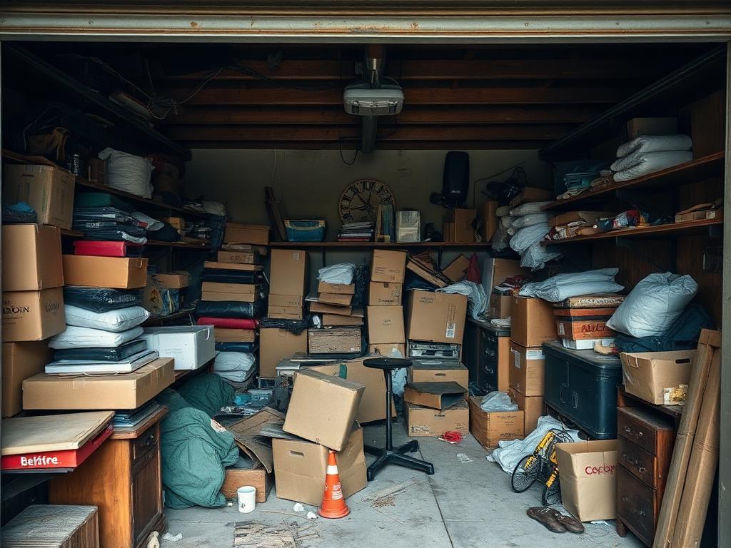 Garage packed floor to ceiling with boxes and old furniture before clearance