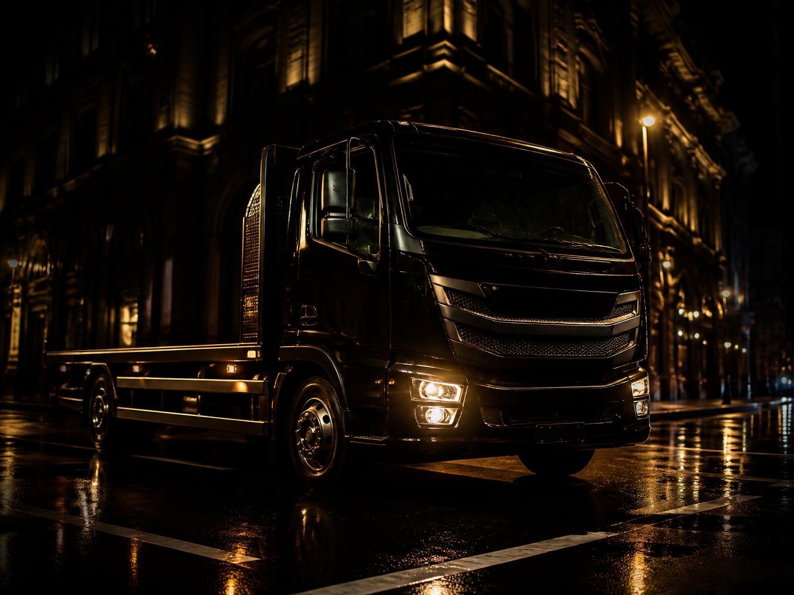 Flex Lift Removals truck on a city street at night